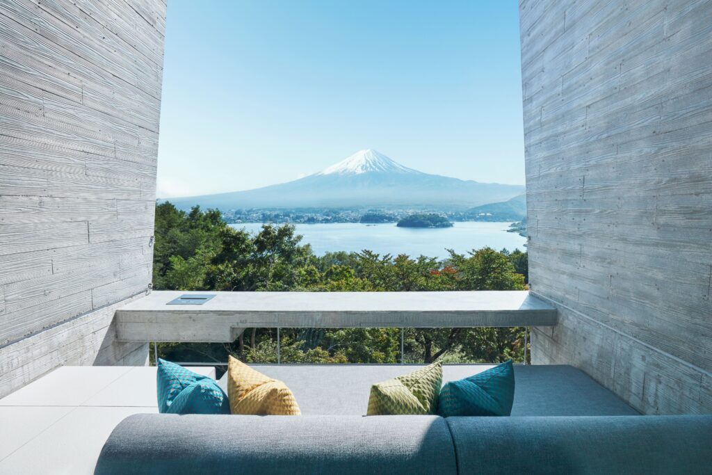 Mount Fuji and Lake Kawaguchi framed by the terrace opening at HOSHINOYA Fuji