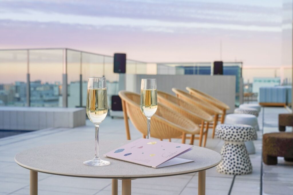 Two glasses on an outdoor terrace at Miyako Hotel Hakata