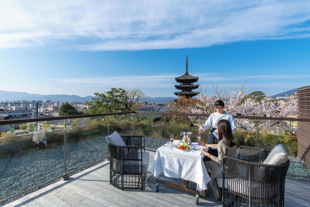 Rooftop table overlooking Yasaka Pagoda and Kyoto at The Hotel Seiryu Kyoto Kiyomizu