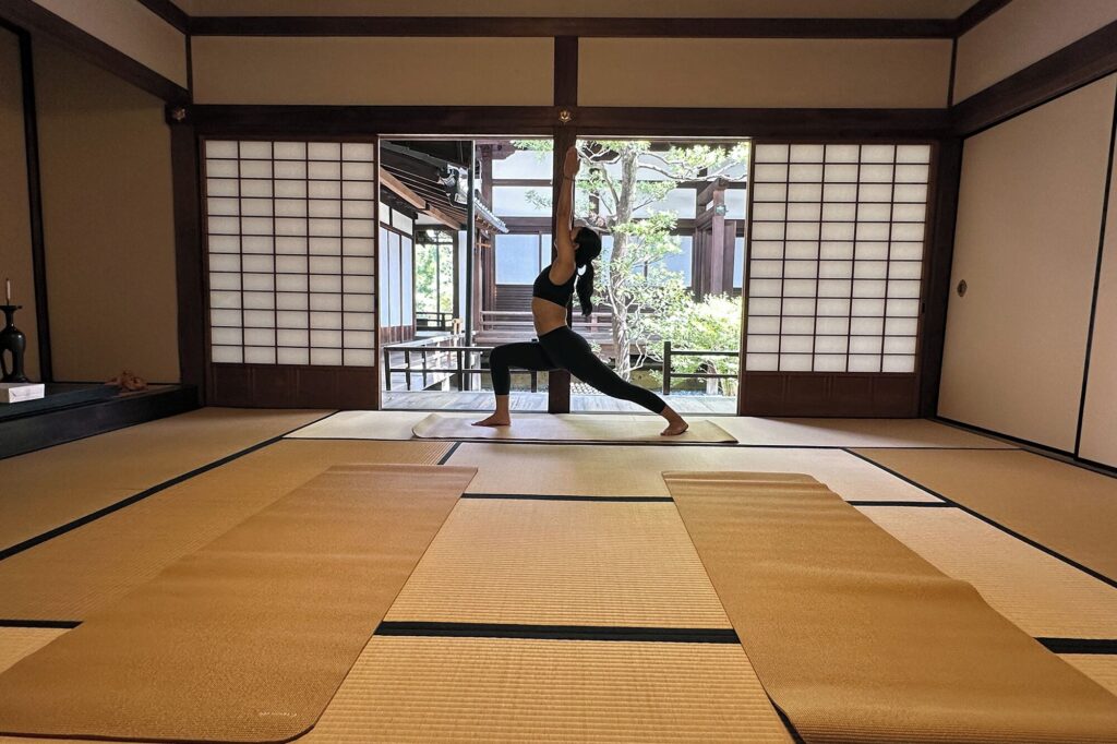 Yoga session in a preserved tatami room overlooking the courtyard at The Hotel Seiryu Kyoto Kiyomizu