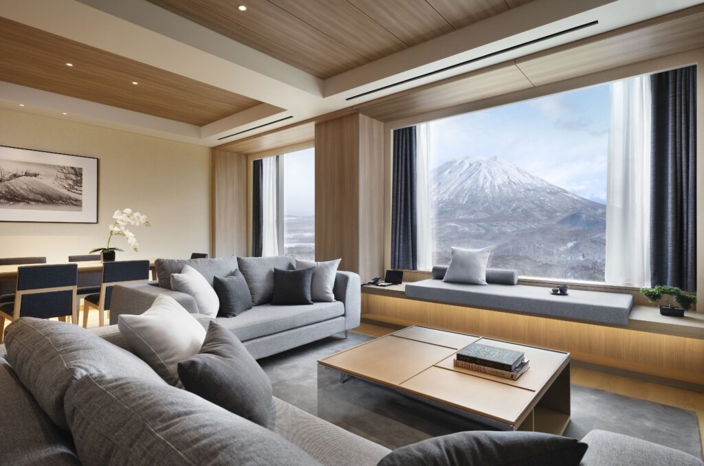 Setsu Niseko living room with window seat and Mount Yotei view