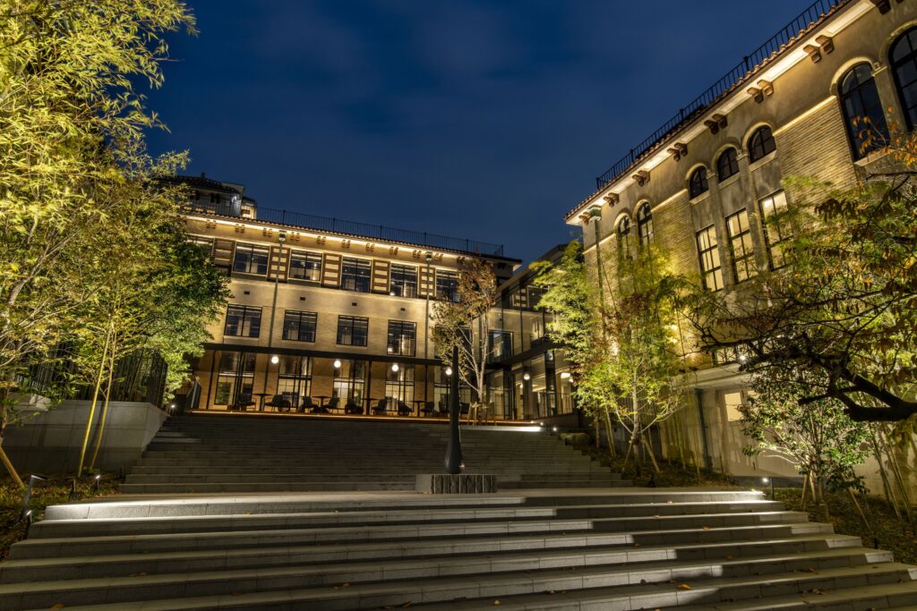 Illuminated 1933 former school building and courtyard at The Hotel Seiryu Kyoto Kiyomizu