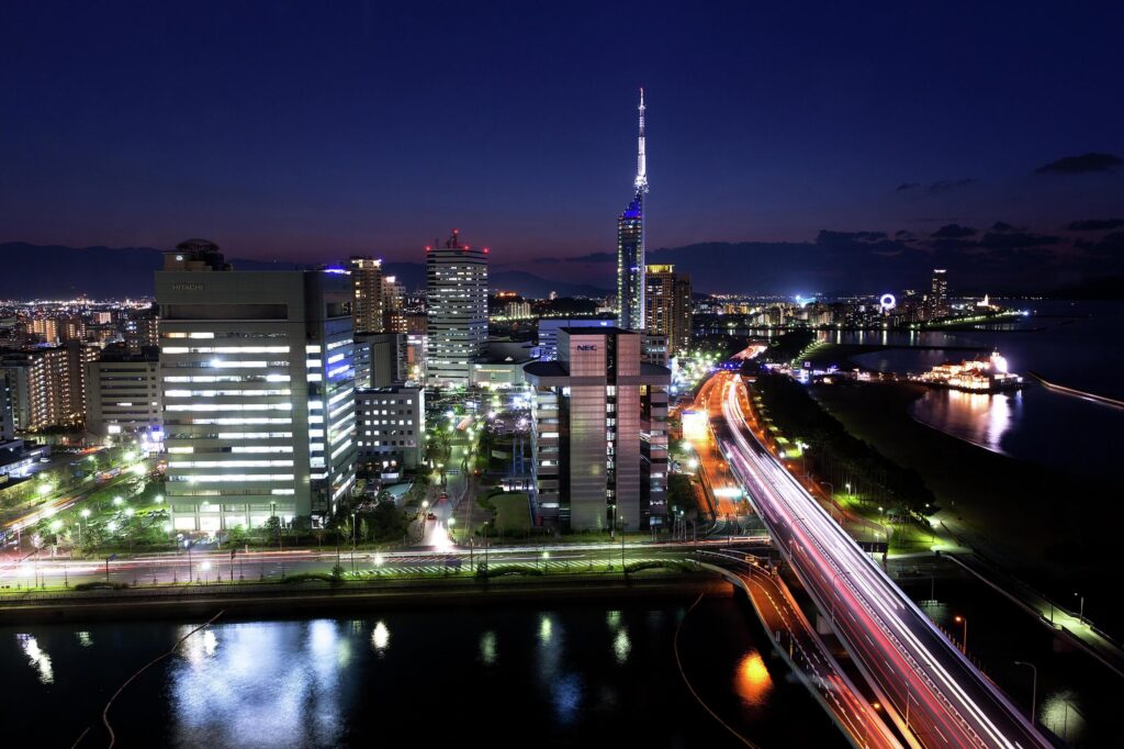 Momochi waterfront and Fukuoka Tower at night
