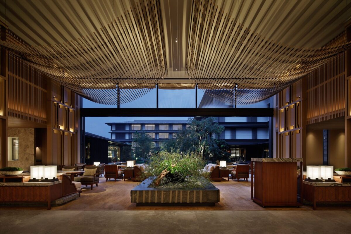 HOTEL THE MITSUI KYOTO lobby facing the courtyard garden at dusk