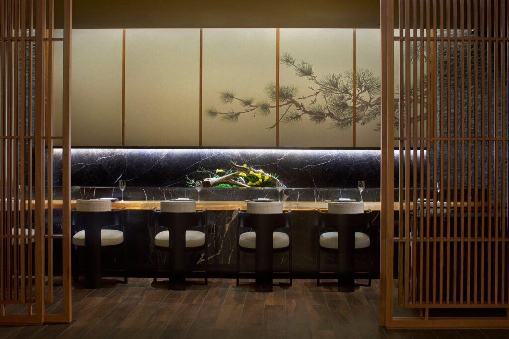 The wood-framed sushi counter at Sushi Nagi in Higashiyama Niseko Village