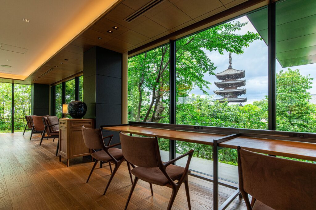 Guest lounge window framing Yasaka Pagoda at The Hotel Seiryu Kyoto Kiyomizu