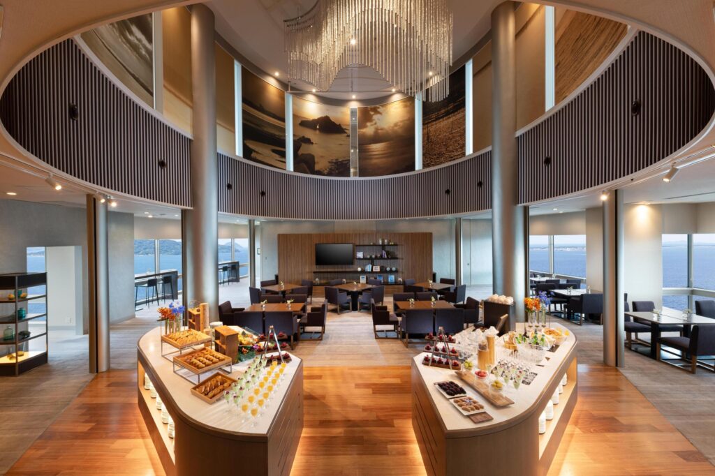 Buffet dining area with bay views at Hilton Fukuoka Sea Hawk
