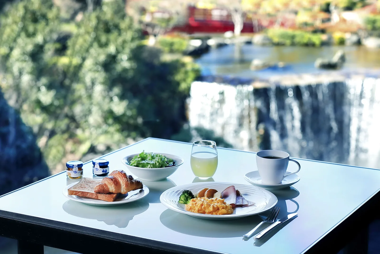 Western breakfast with eggs, bread, salad, juice, and coffee beside a window overlooking the Japanese garden waterfall at Hotel New Otani Tokyo