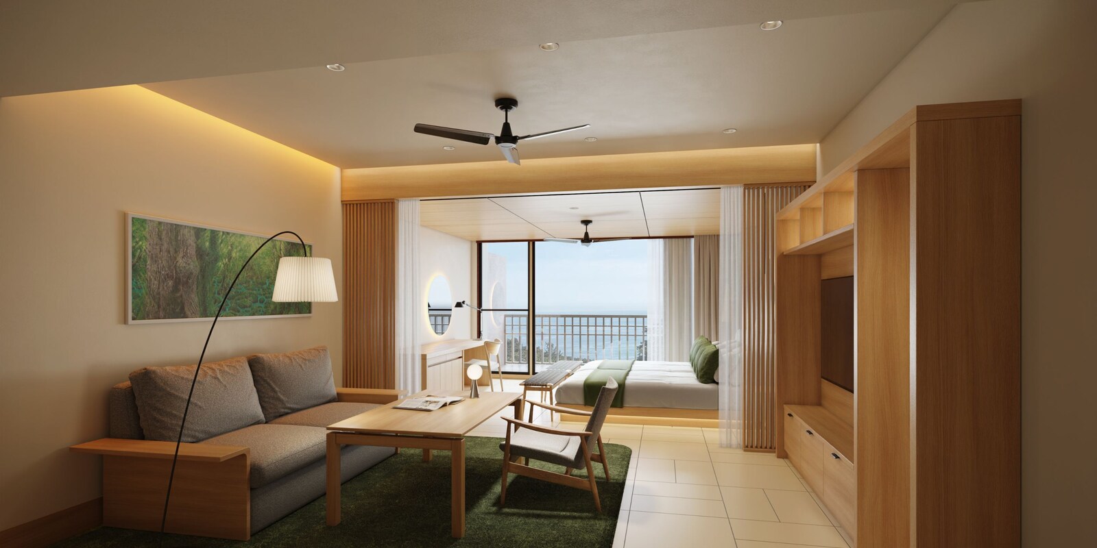 Renewed Junior Suite living area with balcony at sankara hotel and spa Yakushima