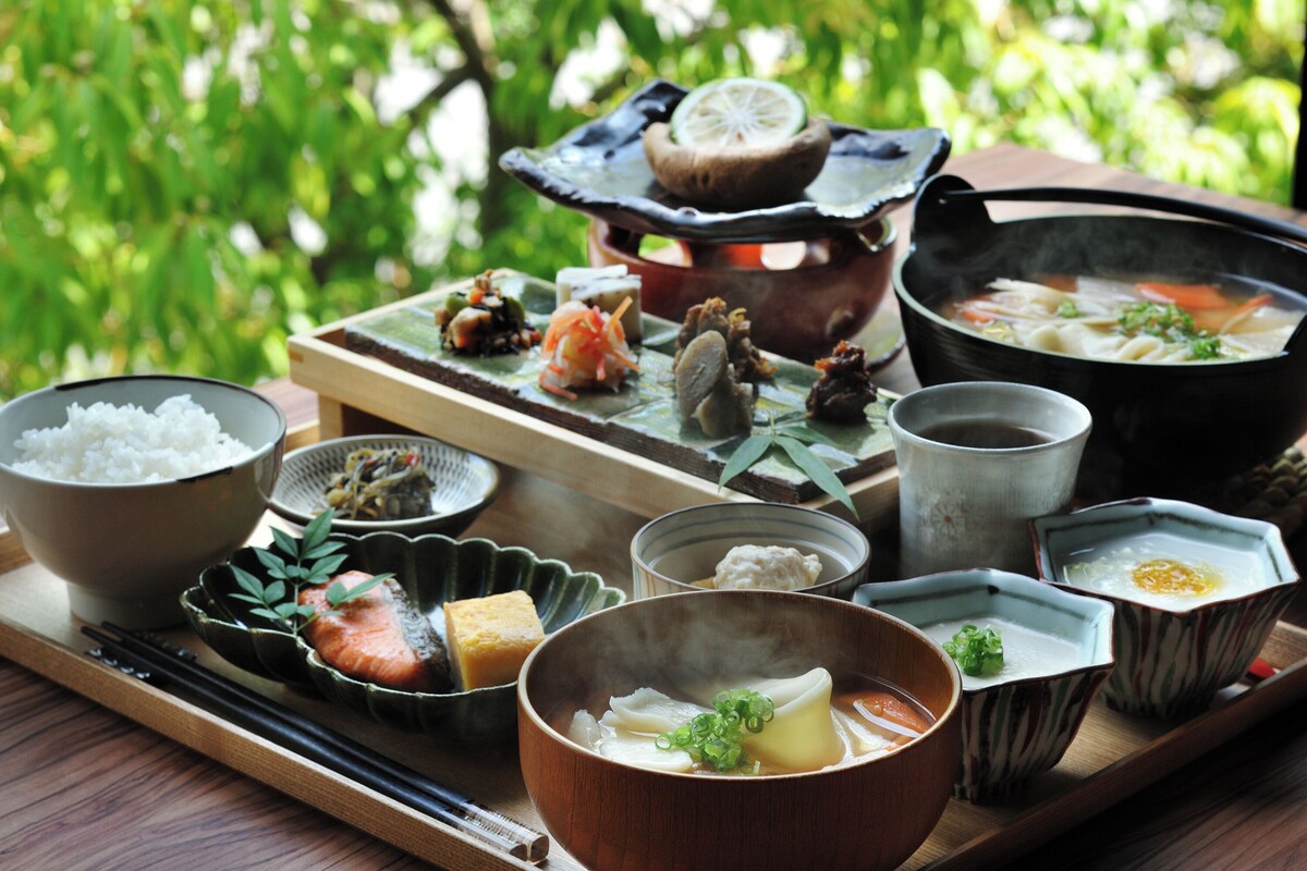 Japanese breakfast with rice, grilled fish and regional dishes at KAI Yufuin