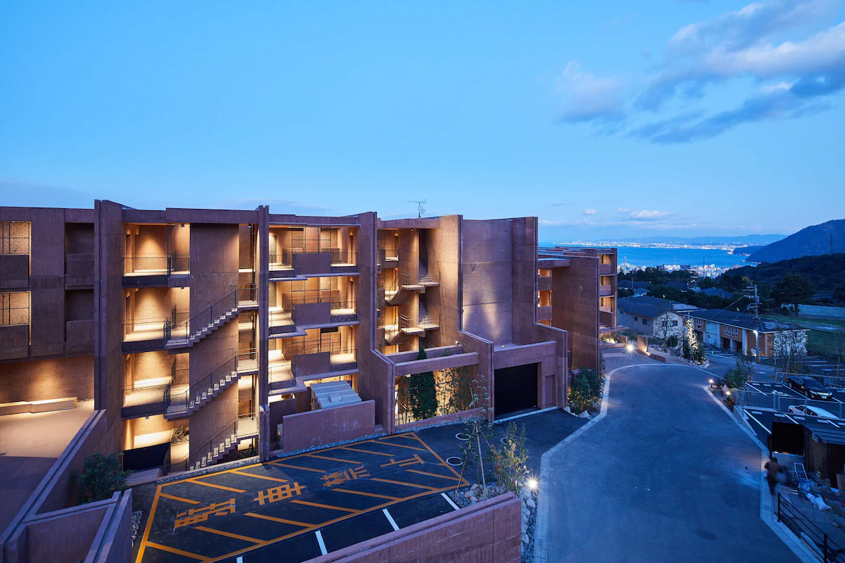 Modern hillside exterior of GALLERIA MIDOBARU above Beppu