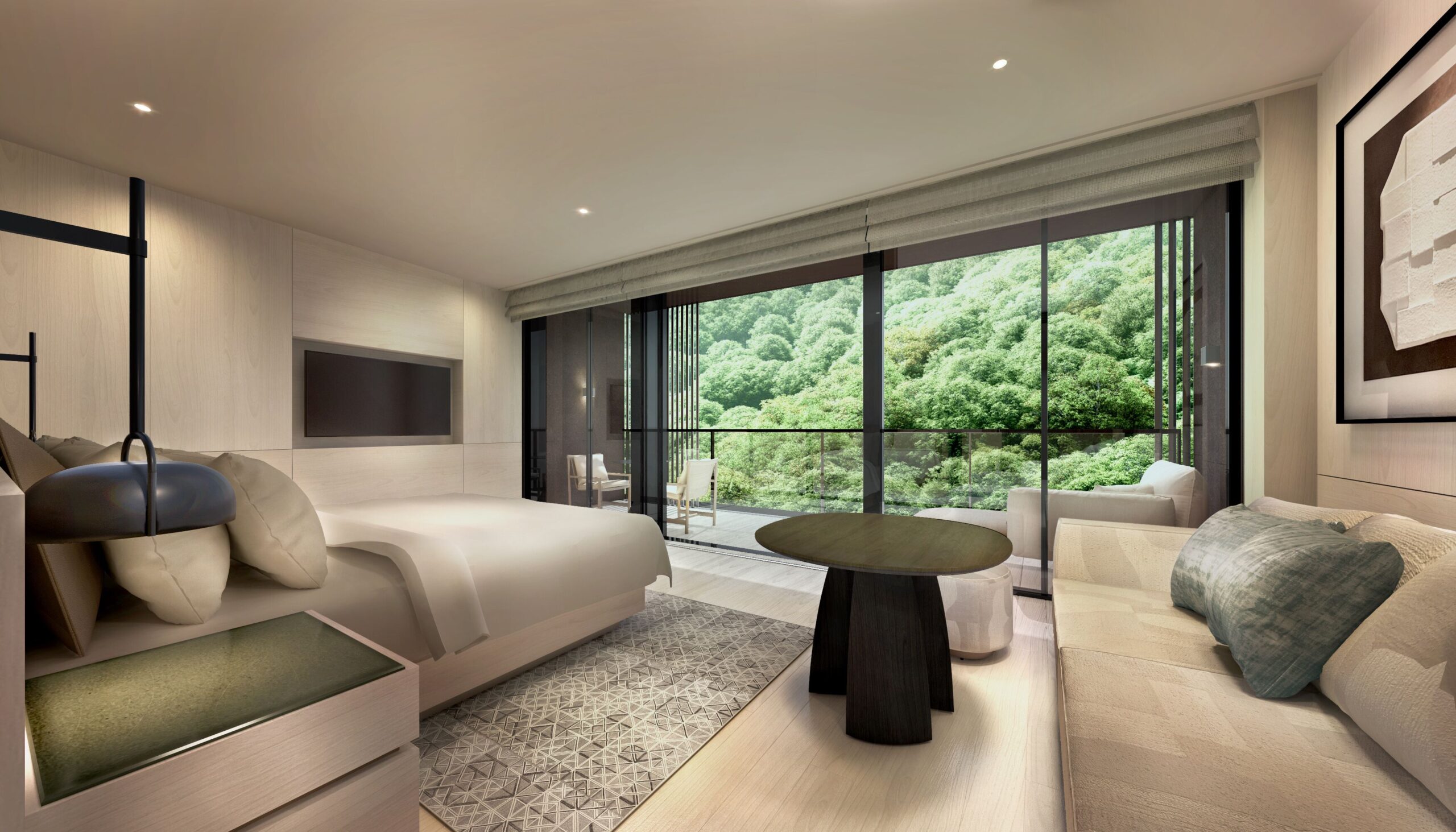 Rendering of a Grand Room at HOTEL THE MITSUI HAKONE with a balcony and mountain view