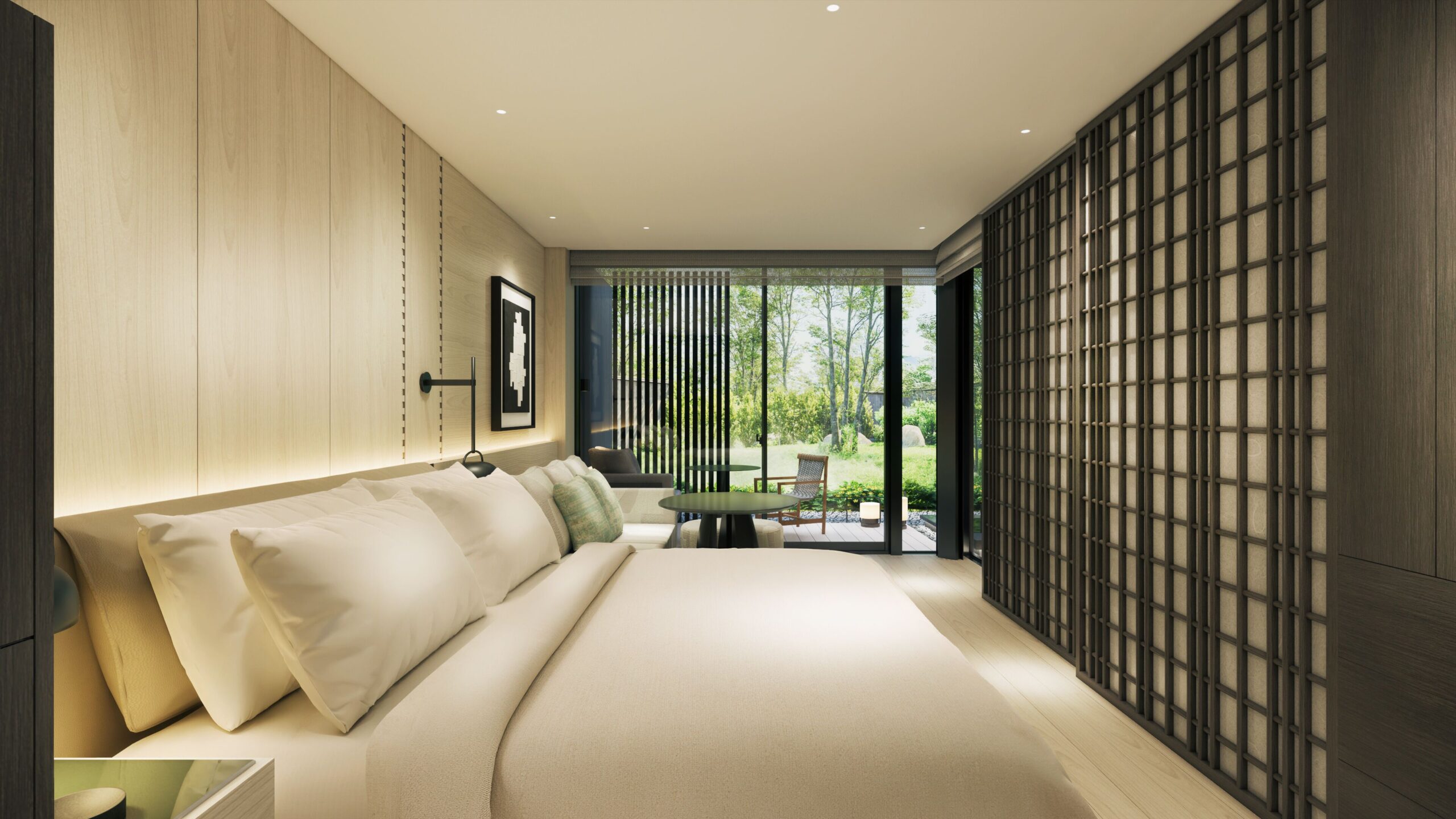 Rendering of a guest room at HOTEL THE MITSUI HAKONE overlooking the surrounding greenery