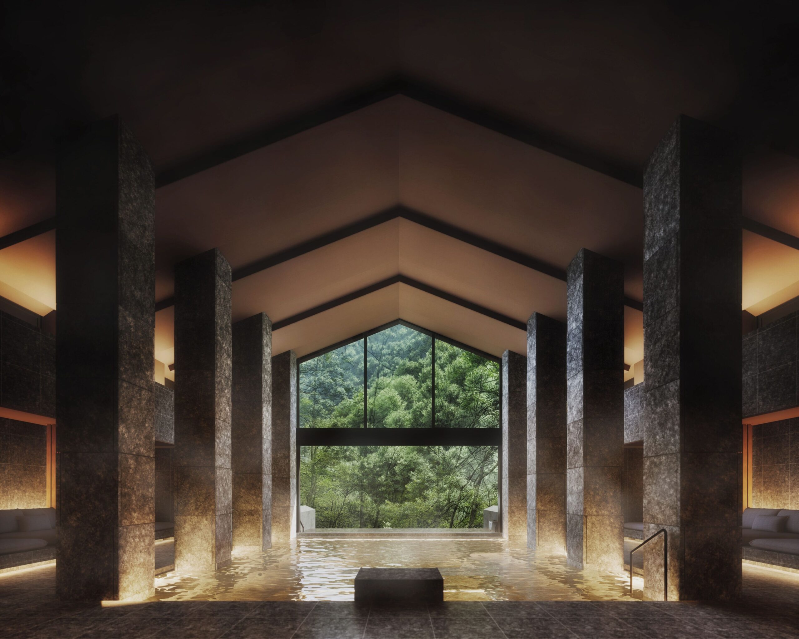 Rendering of the indoor-outdoor thermal spring at HOTEL THE MITSUI HAKONE facing the surrounding forest