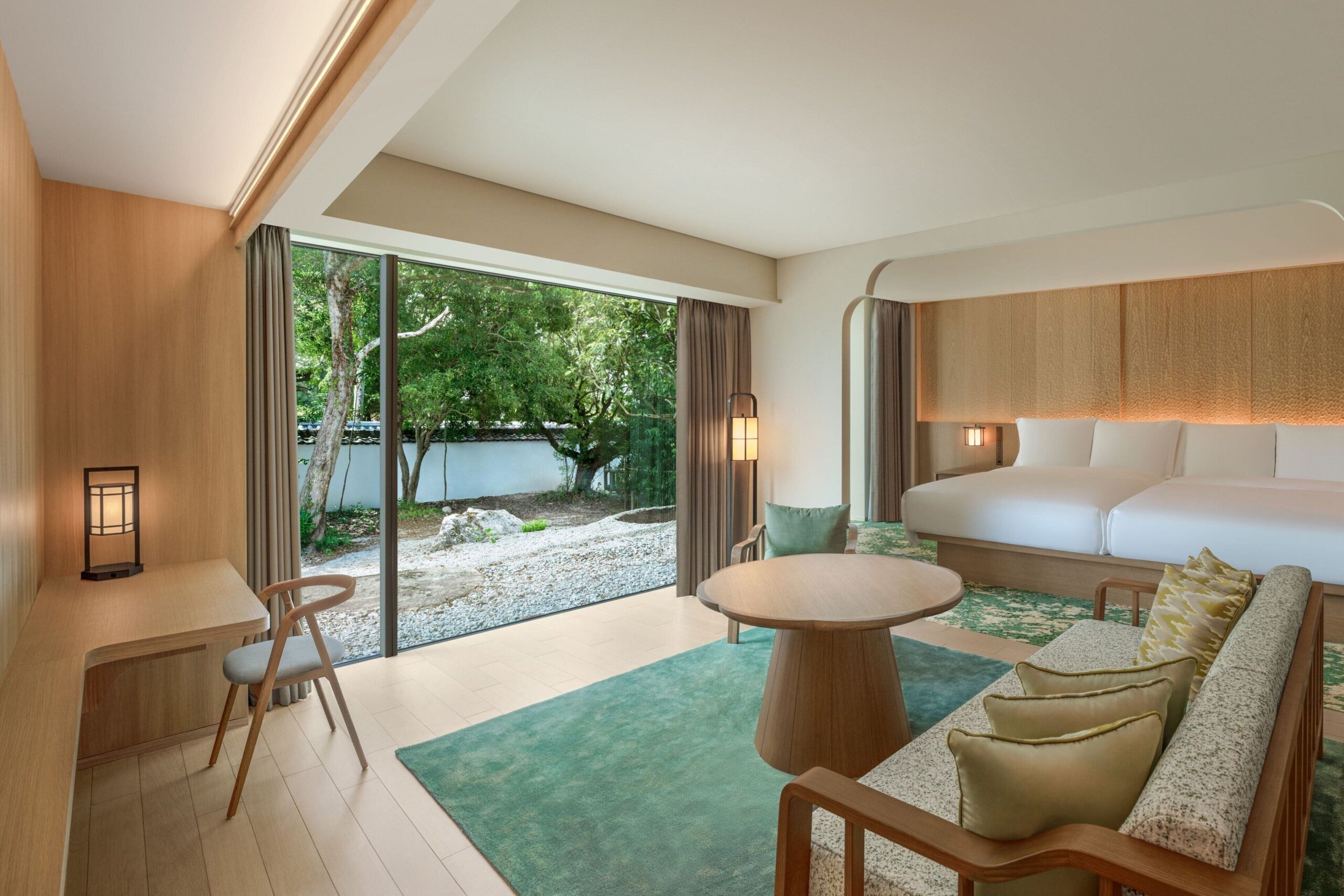 Guest room with floor-to-ceiling windows at Shisui, Nara