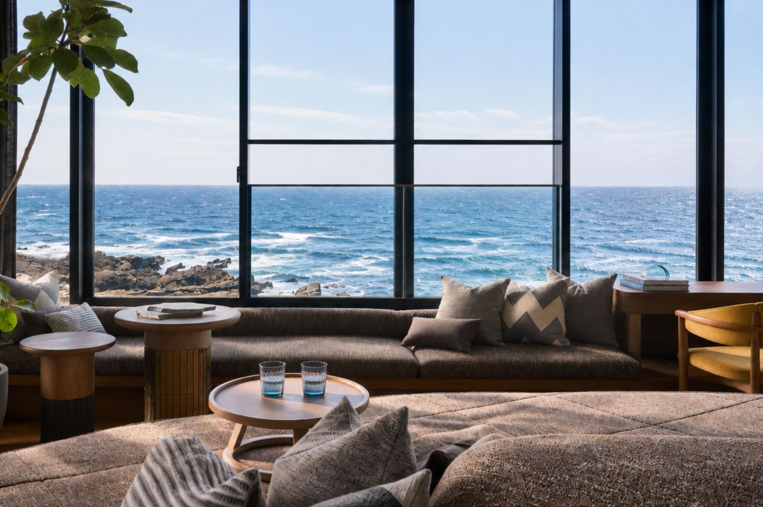 Sea-facing living area in a FUFU Ocean Premium Suite at FUFU Jogashima.