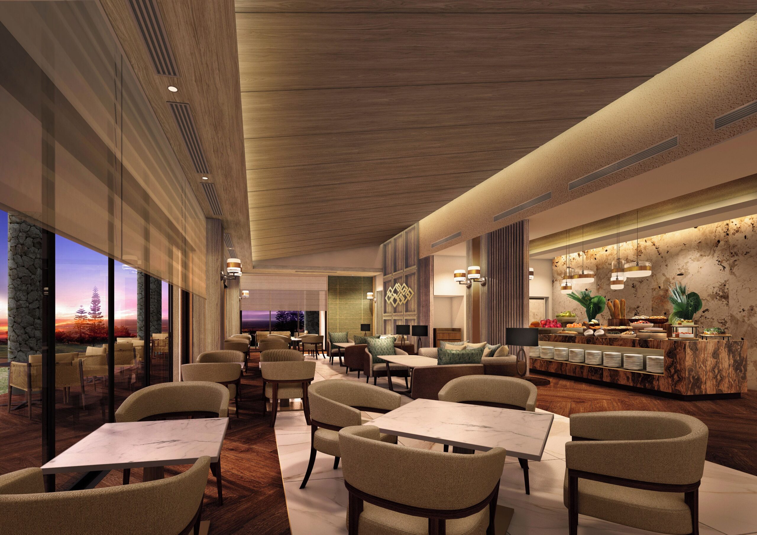 Seating and counter inside the Executive Lounge at ALLAMANDA Splendid
