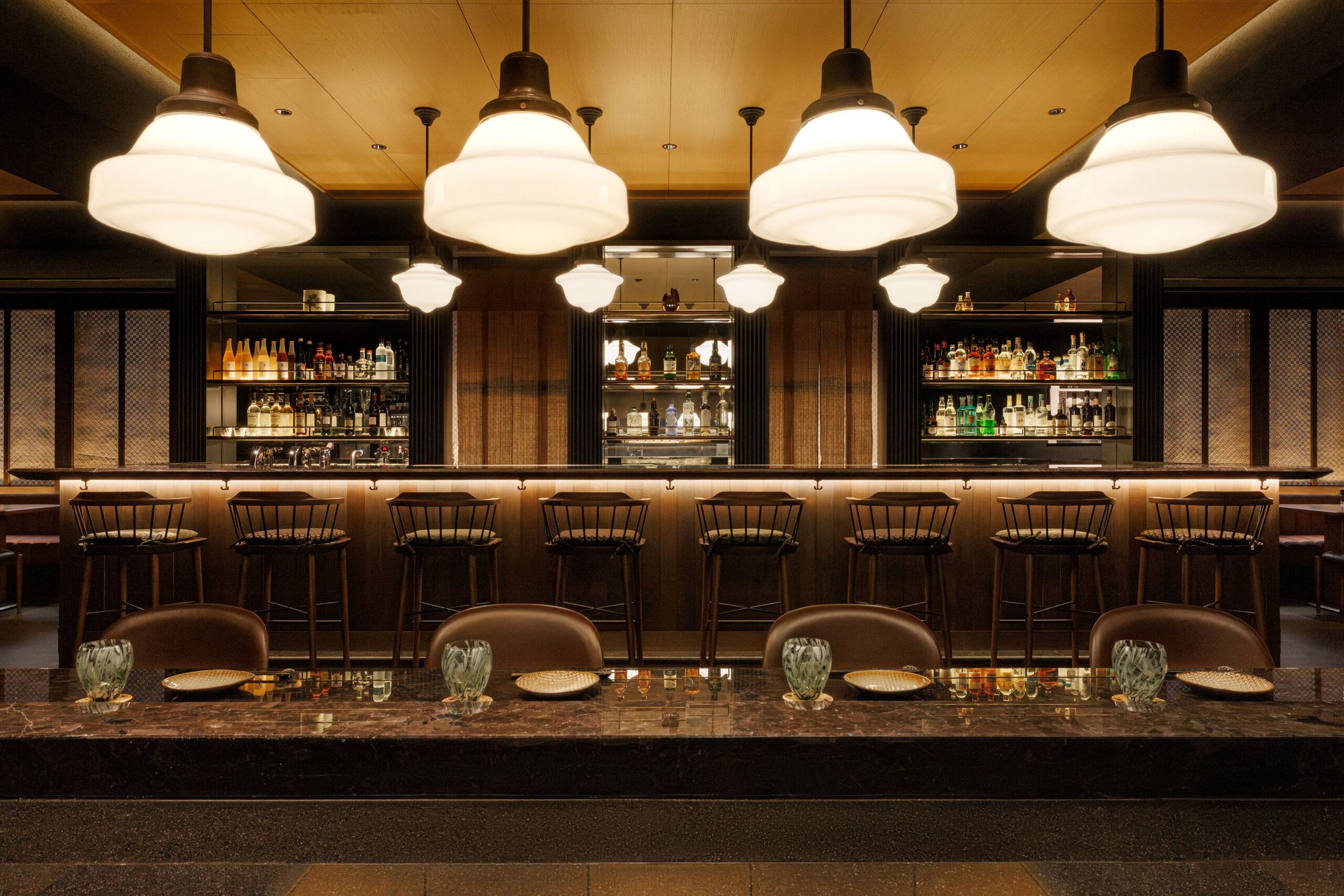 Bar counter and pendant lights at Capella Kyoto